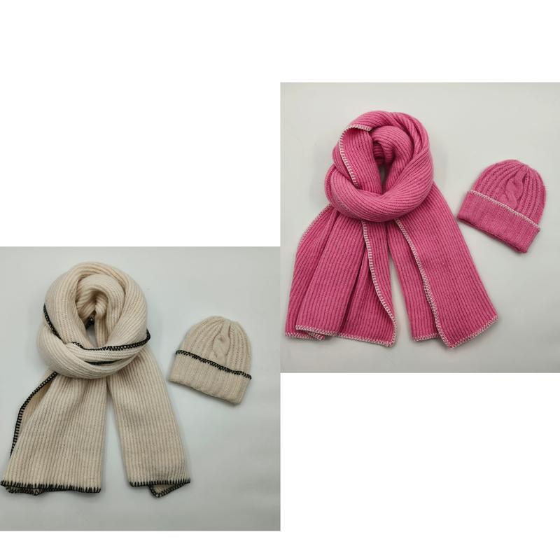 Ribbed knit winter scarf and cable knit beanie hat set in cream with black stitching and pink with white stitching