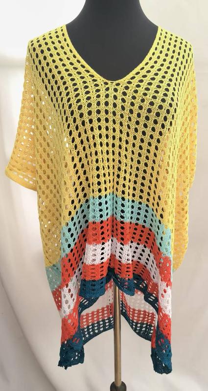 Yellow teal orange white striped crochet open-weave beach cover-up tunic top displayed on mannequin