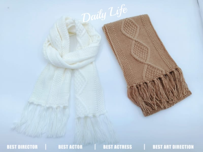 Two knit scarves with fringe ends displayed flat: cream white wrap-style and folded camel brown cable-knit scarf on white background
