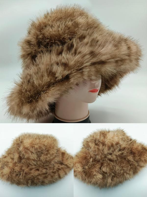 Tan brown faux fur wide brim bucket hat displayed on mannequin head, shown from multiple angles