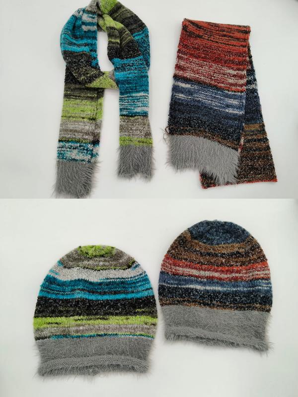 Two colorways of striped knit scarf and matching beanie hat set with fluffy faux fur trim, shown in teal-green and red-blue combinations