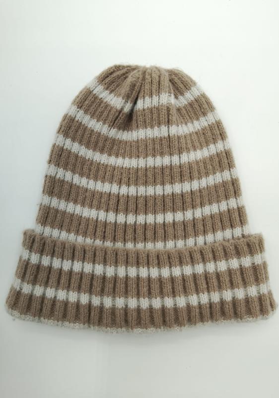 Tan and cream striped ribbed knit beanie hat with folded cuff, laid flat on white background