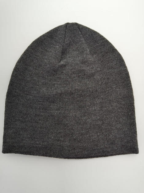 Charcoal grey fine knit slouchy beanie hat laid flat on white background, unisex winter accessory