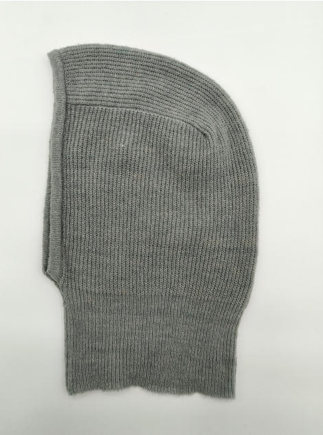 Flat lay of a grey ribbed knit balaclava hood with face opening on white background
