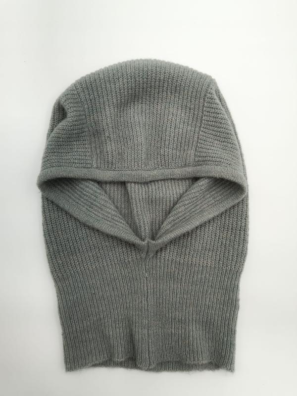 Grey ribbed knit balaclava full face ski mask laid flat on white background, open face design