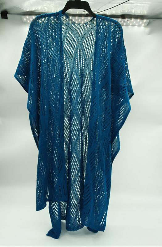 Teal blue open-weave lace knit kimono duster cardigan with wave pattern, displayed on hanger against white background