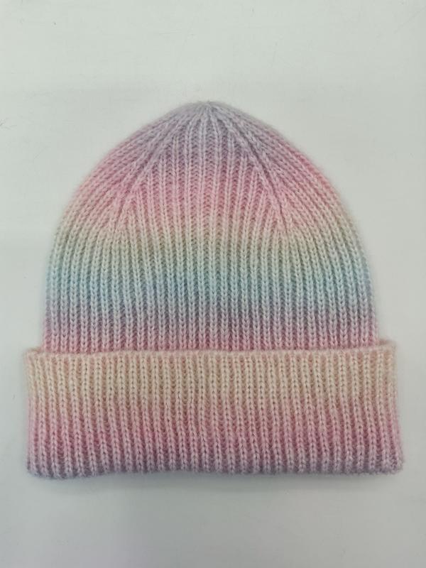 Ribbed knit beanie hat with pastel rainbow ombre gradient from pink to lavender, mint, and cream with folded cuff