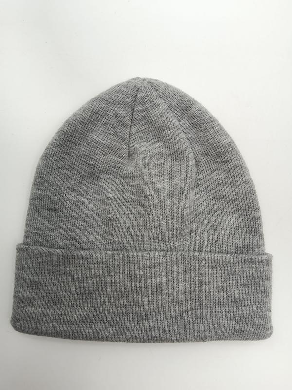 Heather grey ribbed knit cuffed beanie hat laid flat on white background, plain and unisex