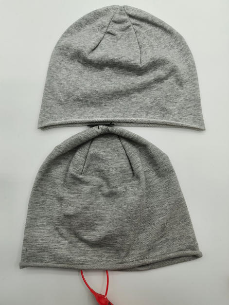Two grey marl jersey knit slouchy beanie hats laid flat on white background, showing front and back views