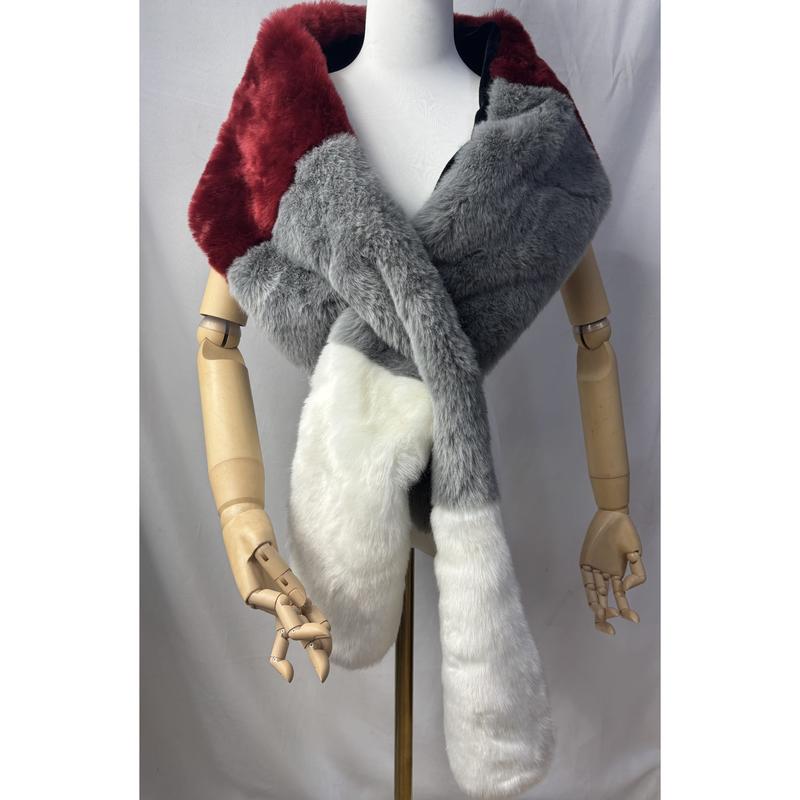 Faux fur wrap shawl in burgundy, gray, and white displayed on a mannequin with wooden artist arms