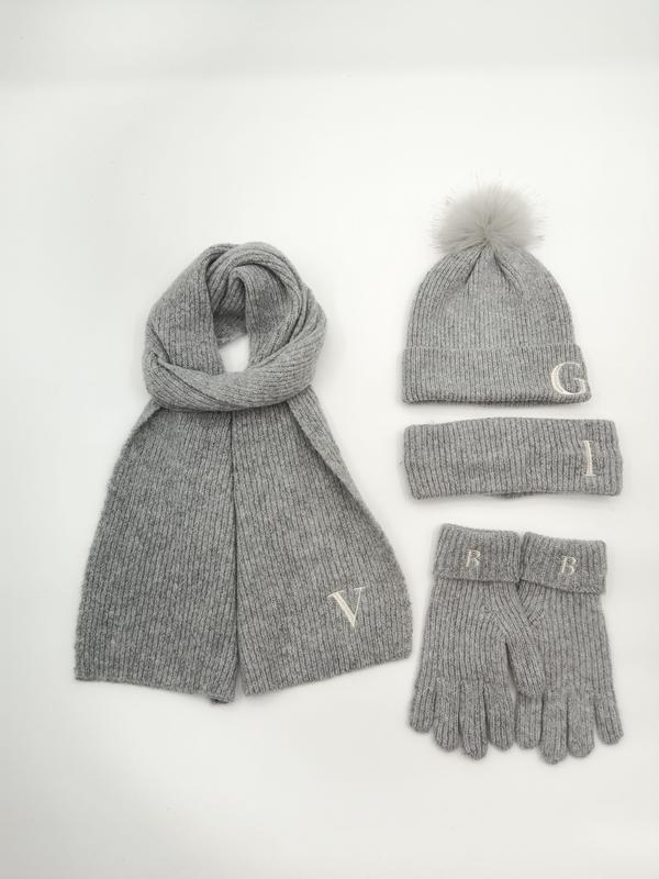 Grey ribbed knit winter accessory set with pom-pom beanie, scarf, headband and gloves with monogram initials