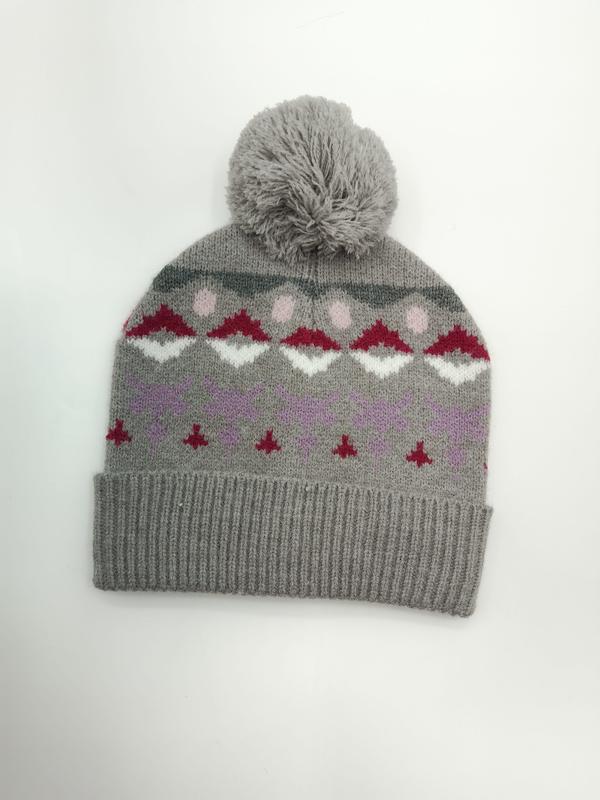 Gray knitted pom-pom beanie with Fair Isle pattern in red, white, pink, and purple on white background