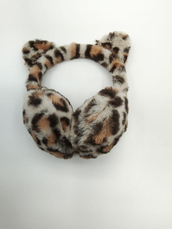 Fluffy leopard print faux fur earmuffs with cat ears design in brown and beige tones on white background
